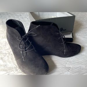Xappeal black suede ankle booties, wedge, lace up. 3” heel. Style 1225709